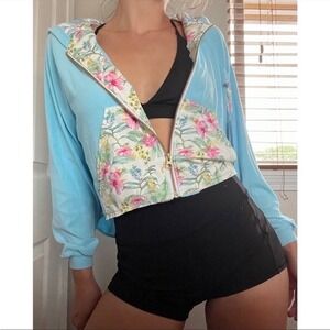 Hurley Loveshackfancy Blue Tropical Floral Pocket‎ Zip Up Hoodie Sweatshirt M